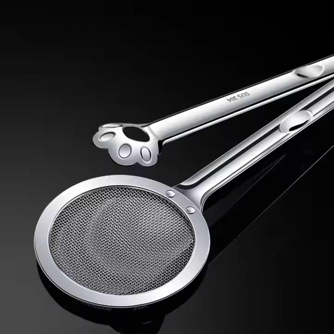 Deep Frying Oil Strainer with Clip Tong - Gold and Silver Stainless Steel - Image 3